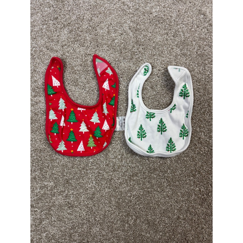Christmas Tree Baby Bibs Set of 2 Red White Holiday Festive Cotton Blend BAB-035